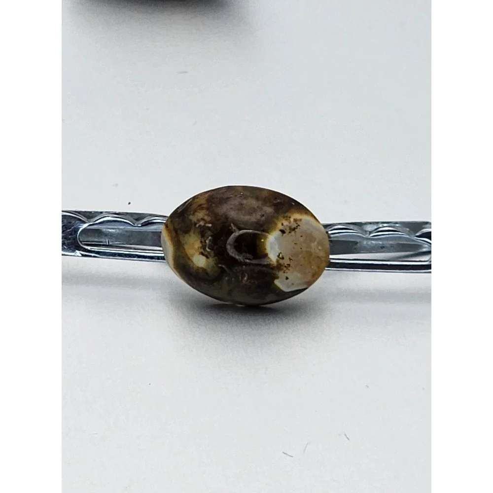 Vtg AGATE W/ FOSSILS Cabochon Men's Tie‎ Bar Clip & Cufflinks Set FREE $HIPPING!